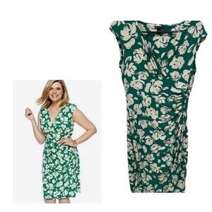 Green and White Floral Ruched Faux Wrap Dress size 8P